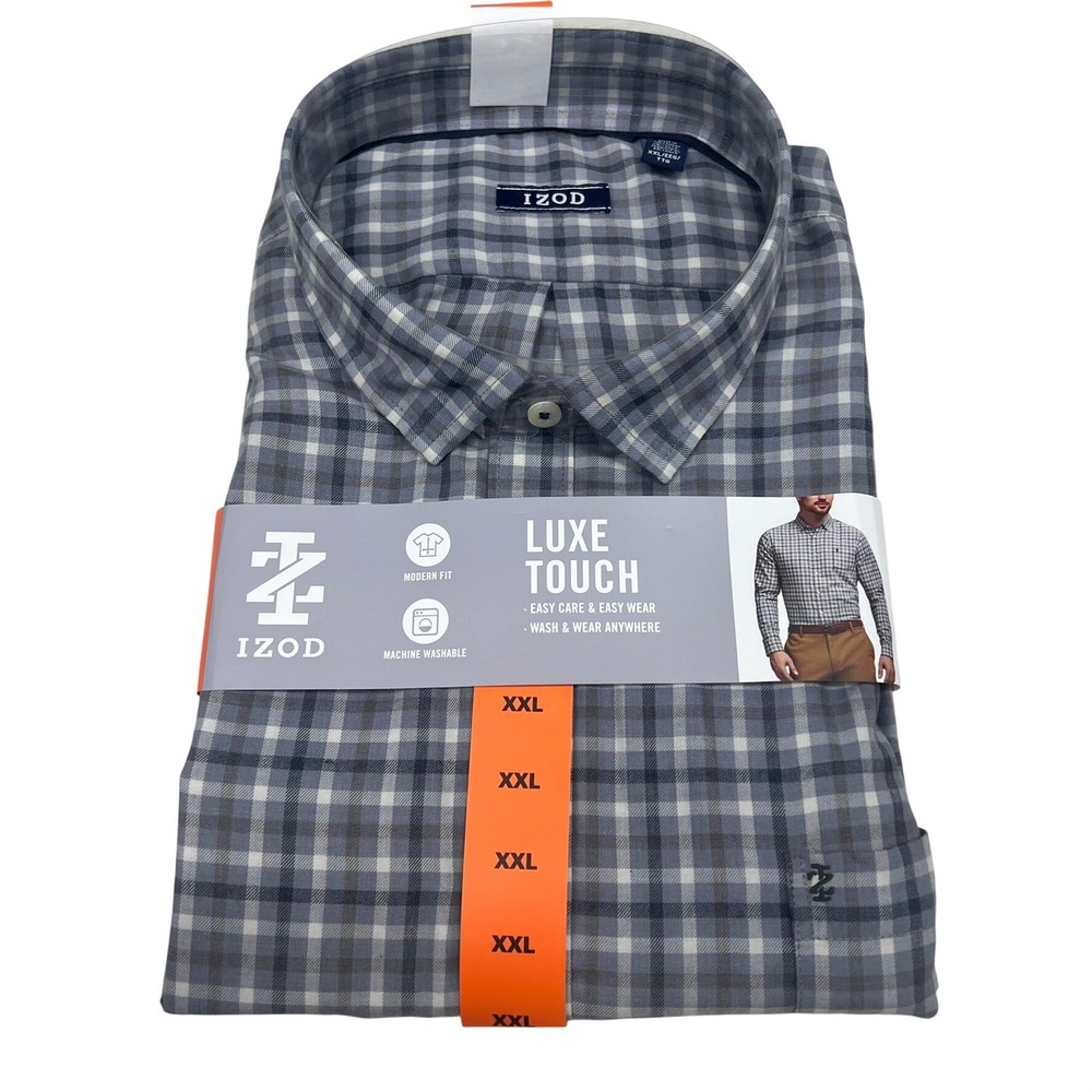 IZOD Luxe Touch Mens XXL Gray Plaid Modern Fit Button Down Shirt 1797593 NWT‎